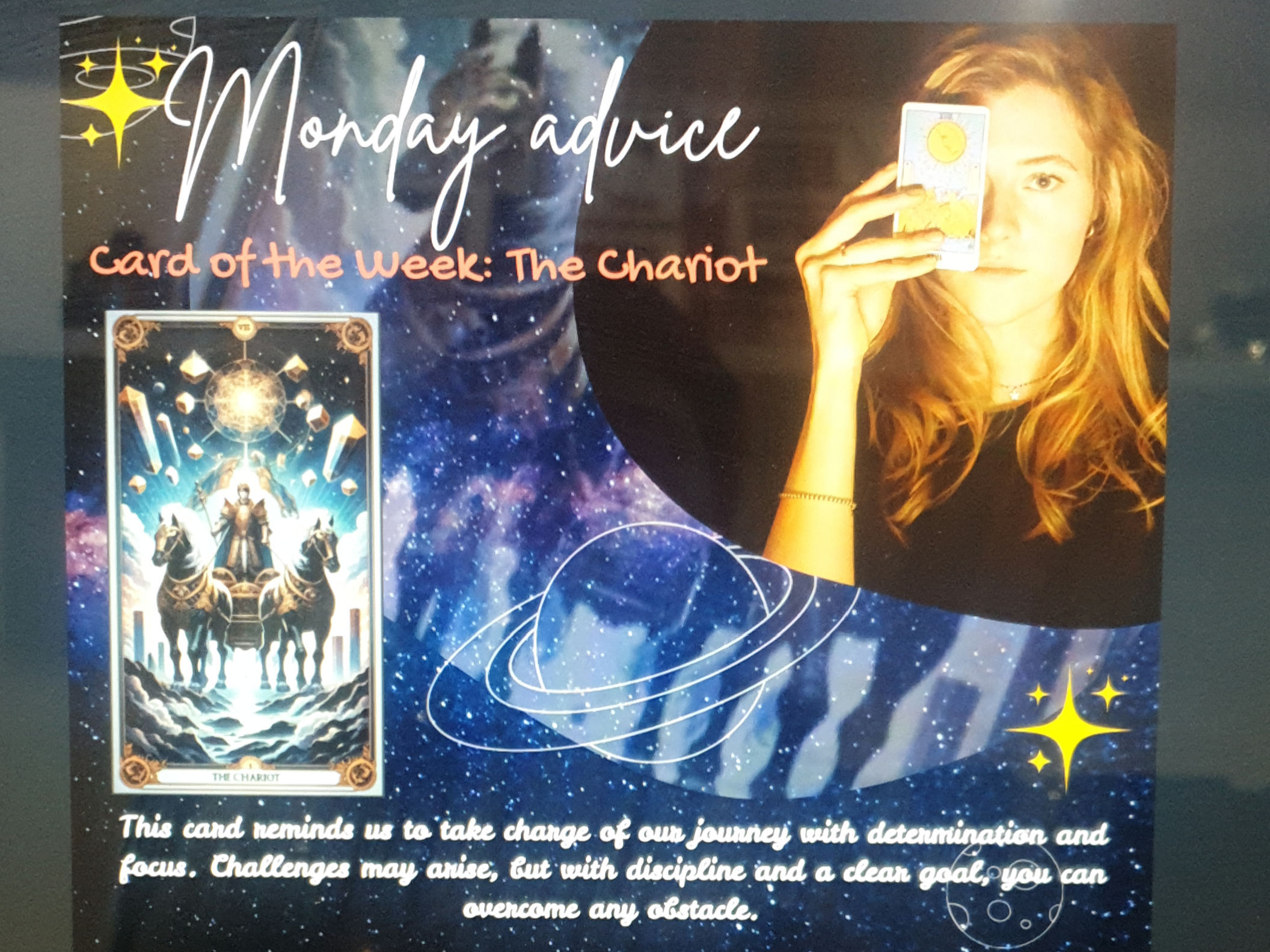 Monday Advice:
Card of the Week : The Chariot

🥰 Have a purposeful Monday! What are you driving toward this week? 🚀 
 # # 
 # 