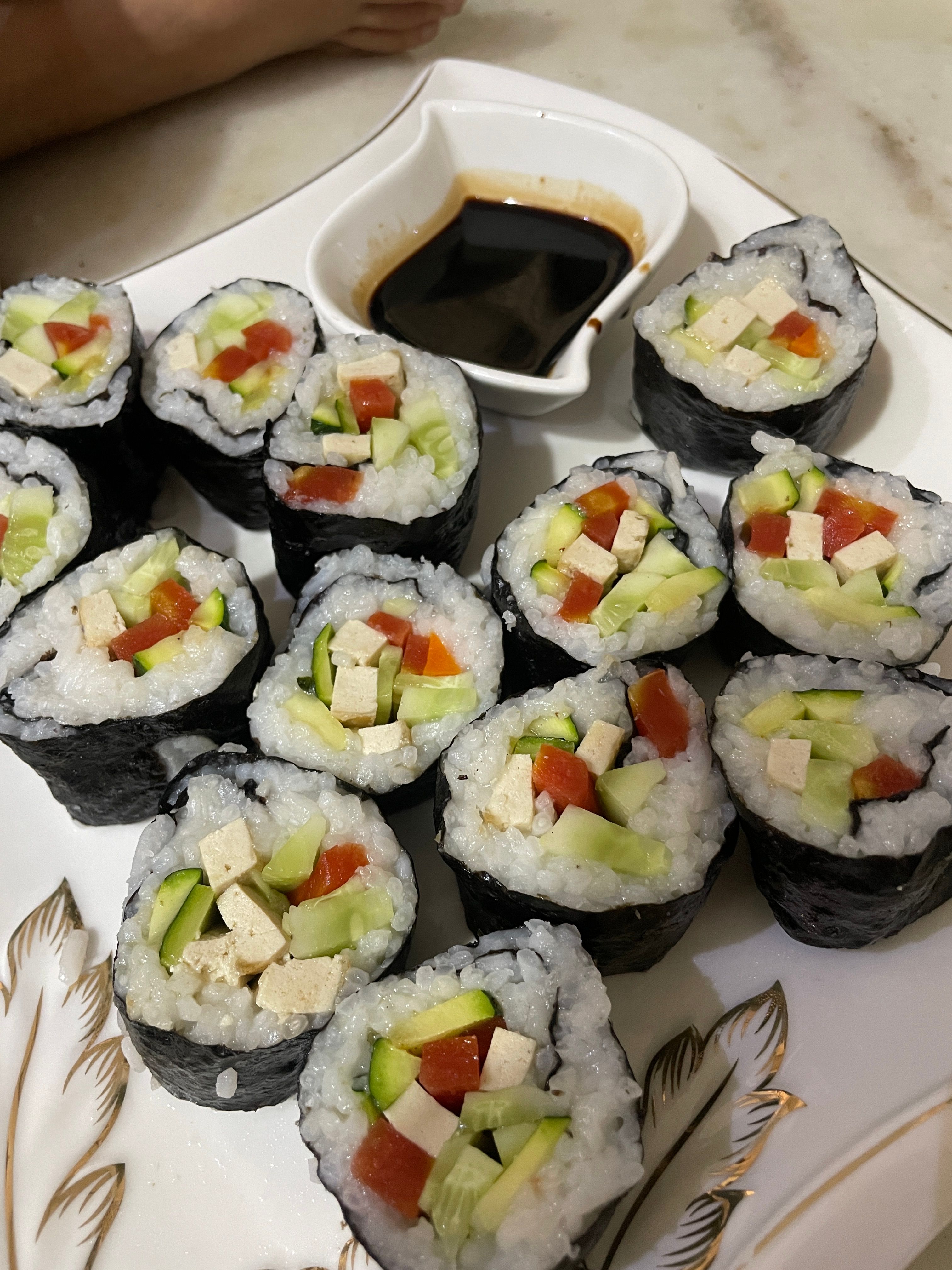 How many Sushi s are too many Sushi s 😁!!!! Love this homemade Sushi using Nori sheet , ukda chawal or khichdi chawal vinegard (sticky rice) !!!! Cucumber, carrots, zucchini and tofu (available veggies at home) !!!! # # # 