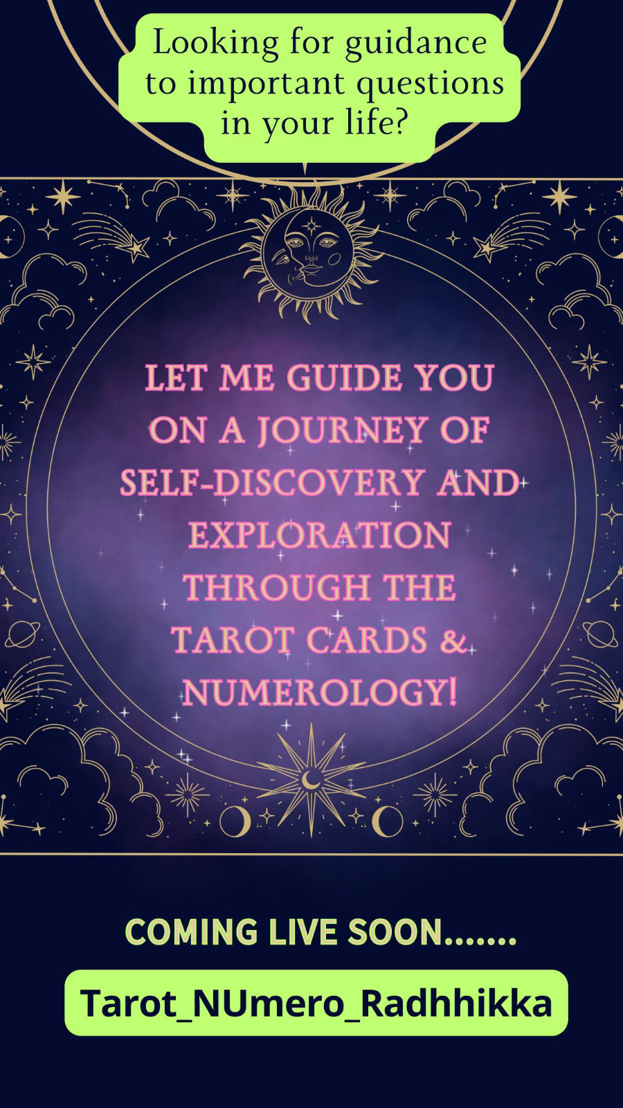 Namaste, beautiful souls! 

I am Radhhikka, a Tarot Therapist & Numerologist, and Iam coming LIVE soon to guide, support, and illuminate your path.

Life is a journey filled with crossroads, and whether it's Life, Career, or Relationships, I help you uncover hidden truths and gain the clarity needed for empowered decisions.

🔮 Tarot & Numerology – a mystical blend of insight and energy – work wonders when combined with transformative techniques & rituals to bring positive shifts into your life.

Connect with me LIVE:  
Wednesday to Monday 
11 PM – 3 AM 
& 
2 PM – 4 PM

🌍 Fluent in English, Hindi & Malayalam, I bring divine guidance across languages!

Stay tuned – your journey to wisdom, healing, and transformation begins here!