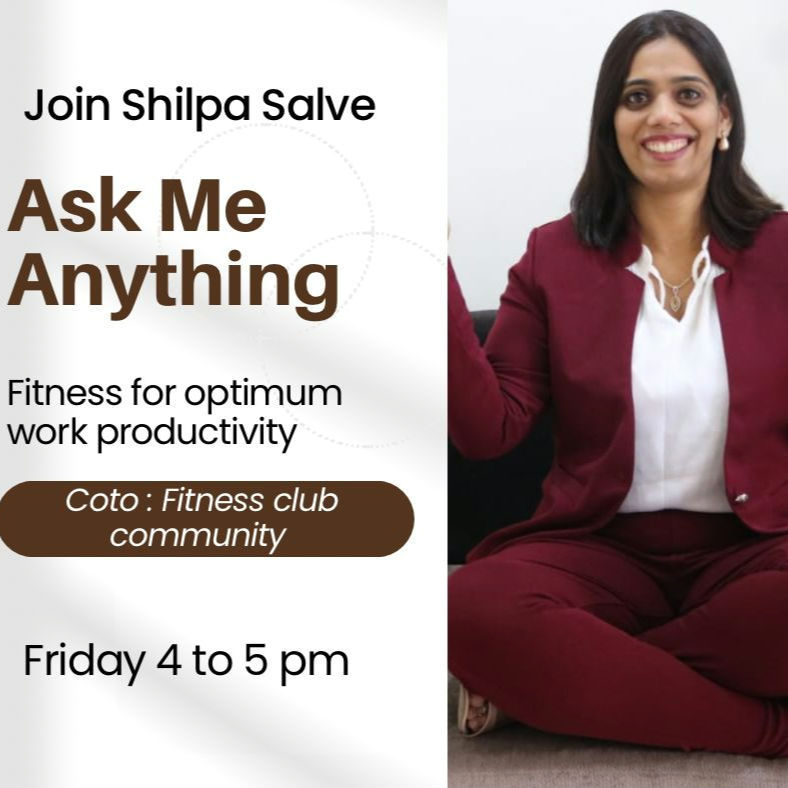 Join me for a Ask me anything 
Topic fitness for productivity & optimum performance at work 
On Fitness Club Coto community 
Friday 4 to 5 PM