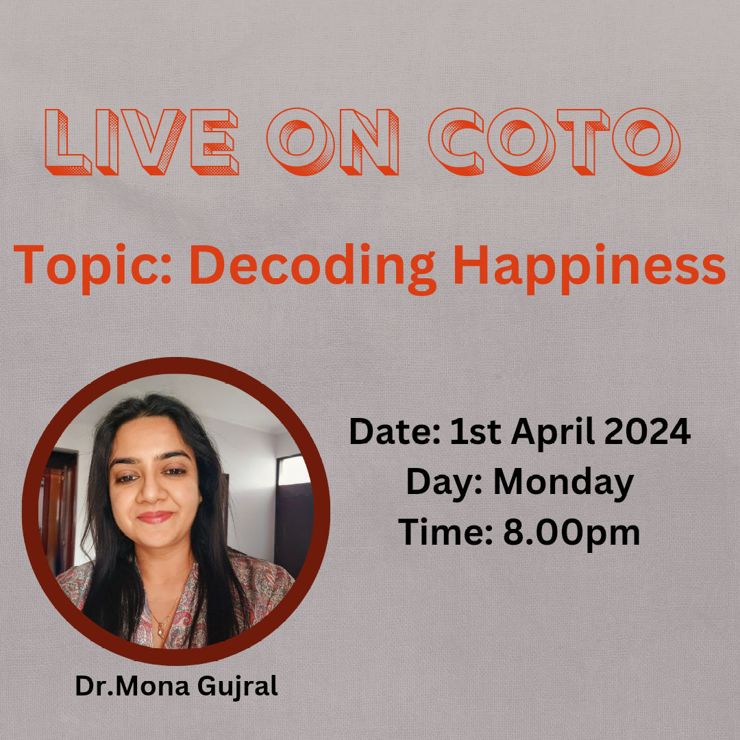 Please join me for a live session where I would talk about happiness and bust certain myths surrounding it.

# # # # 
