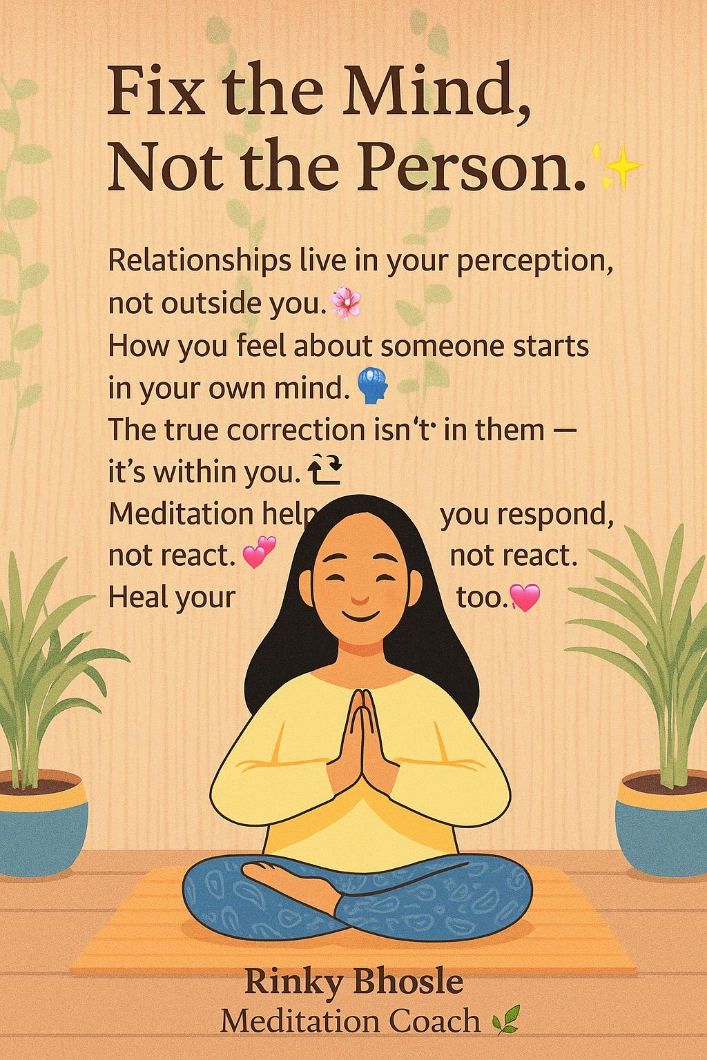 🧘‍♀️ Fix the Mind, Not the Person.
Relationships live in your perception, not outside you. 🌸
How you feel about someone starts in your own mind. 🧠
The true correction isn’t in them — it’s within you. 🔁
Meditation helps you respond, not react. 🧘‍♀️
Heal your thoughts, and your connection heals too. 💞

— Rinky Bhosle
Meditation Coach 🌿

#########
##
# #
#
