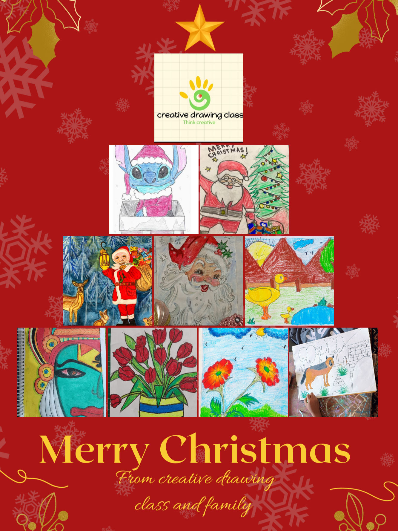  # # # # 
Experience the joy of an early Christmas celebration in our creative drawing class, where students crafted stunning Christmas drawings today.     Enroll your kids now to join in the artistic fun and unlock their creative potential. Don't miss out on the opportunity to nurture their talents and make learning an exciting journey.
*Payal Shidhaye: (BFA, MFA fine arts)* 
*Contact details: 9552002292*
*New Mandala & acrylic painting Batches for womens starting from January 2024.*