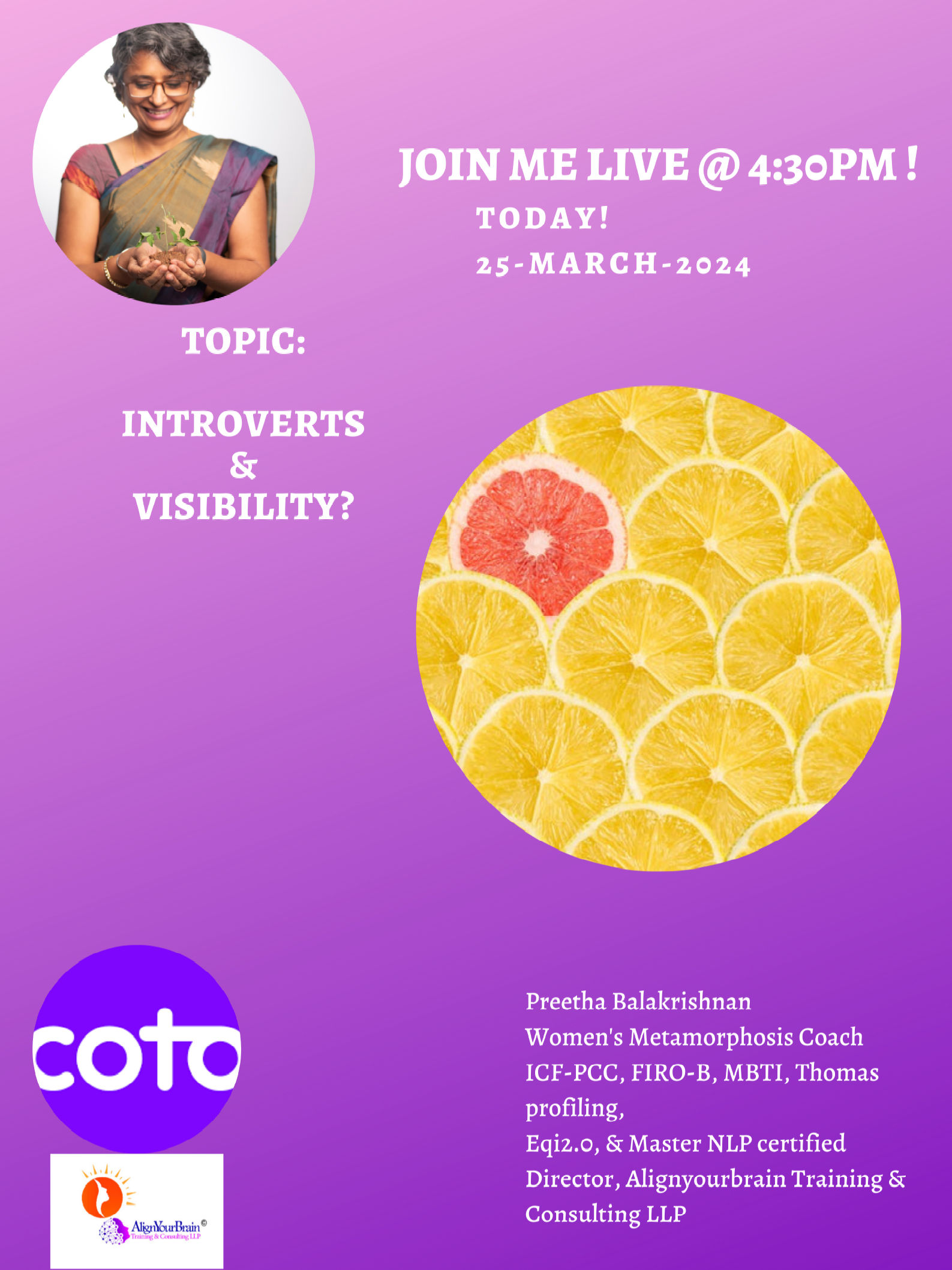 Hi! Join me LIVE at 4:30PM! 
Topic: Introverts and Visibility! 

See you! 
Tc, Preetha
# 
# 