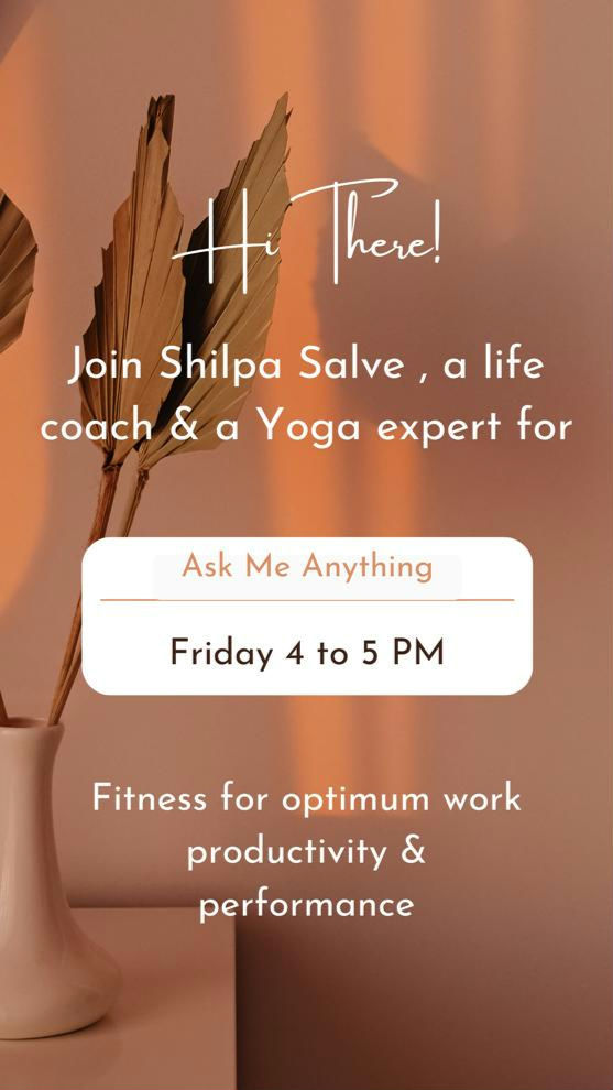 Join me for a Ask me anything 
Topic fitness for productivity & optimum performance at work 
On Fitness Club Coto community 
Friday 4 to 5 PM # 