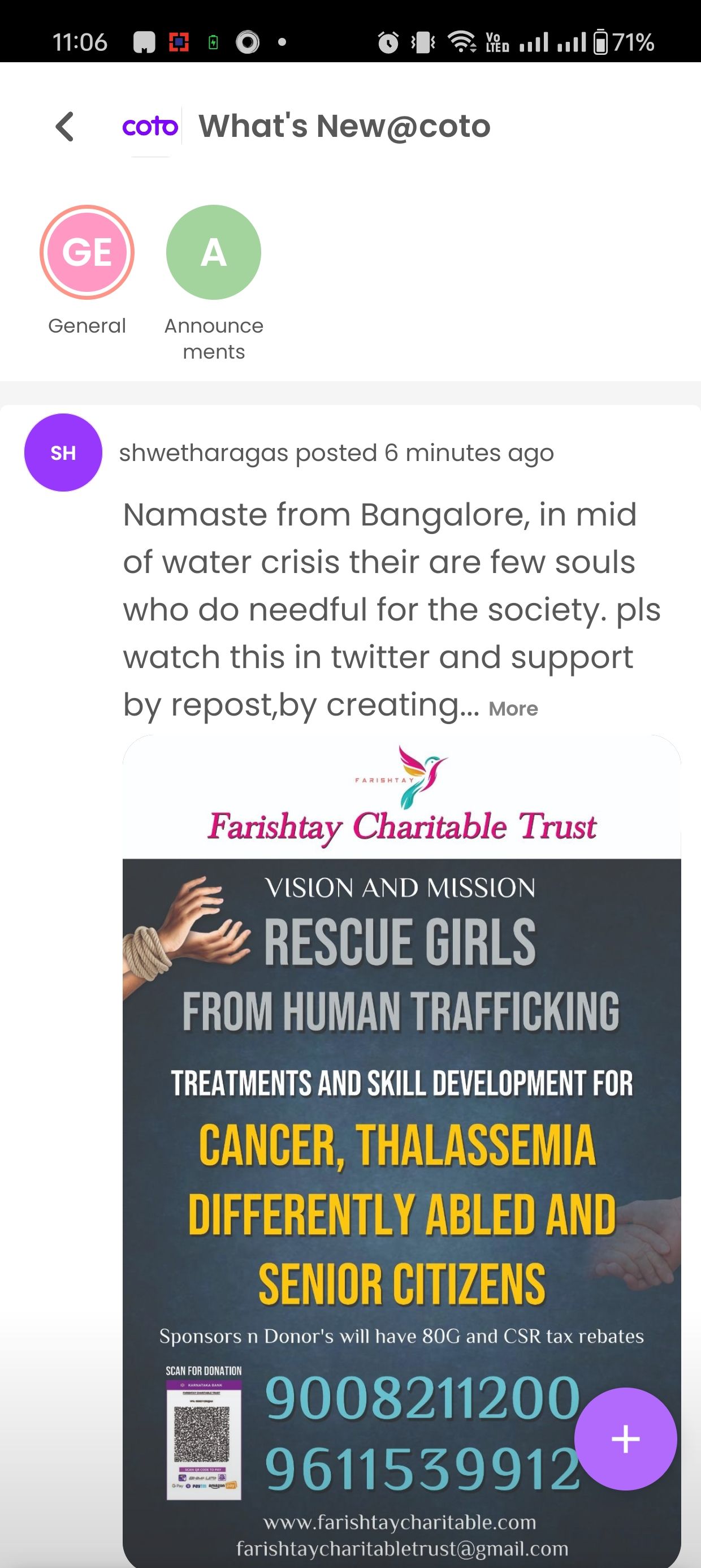 Namaste from Bangalore, in mid of water crisis few souls brought in some change for Holi celebrations with cancer kids, pls watch 

https://twitter.com/shwetha98818920/status/1775244248692265389?t=9M1yHjG_r8xDhESZ0fSQjg&s=19

They also work on human trafficking or any kind of abuse to anybody. They are team of lawyers who are running it passionately for women empowerment, pls share and spread a word. 
