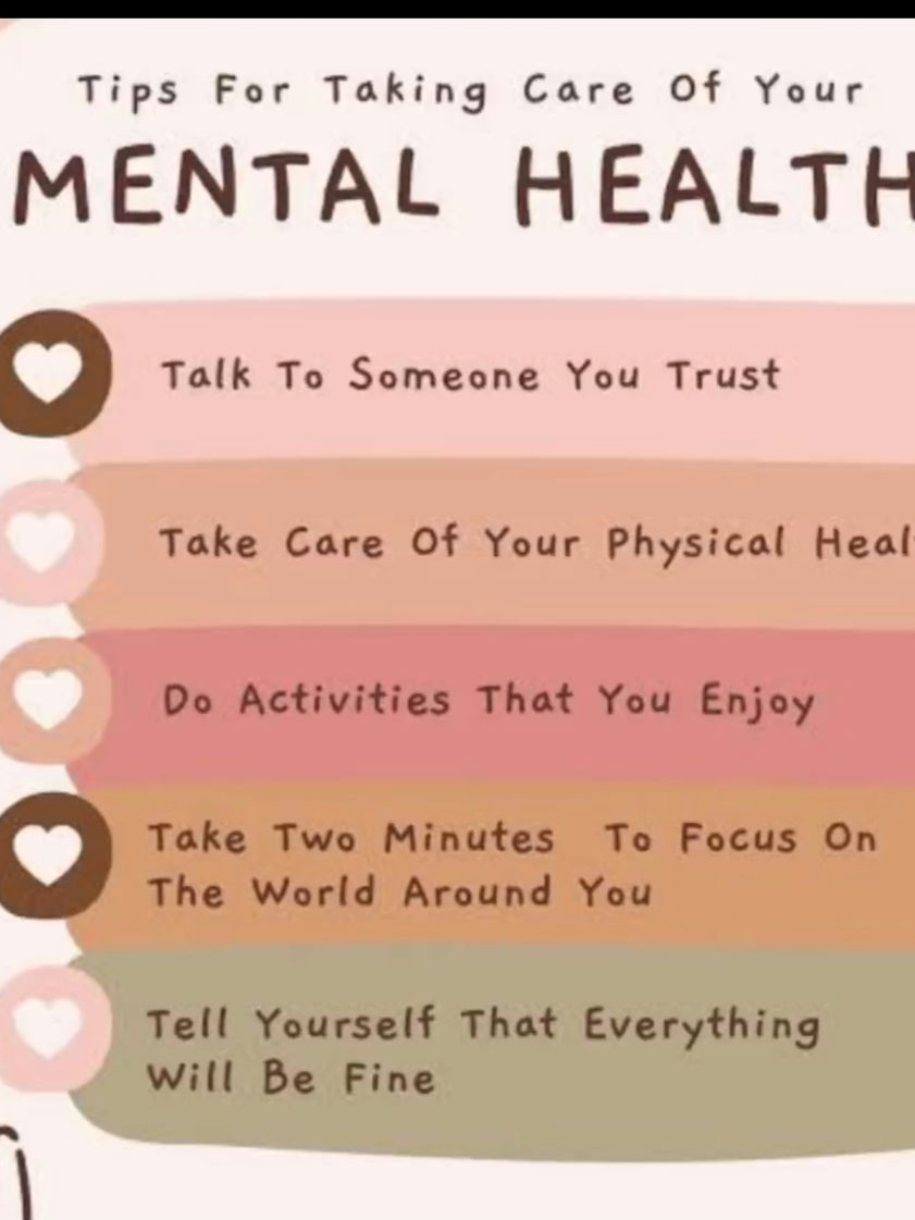 
🧠💖 Take Care of Your Mental Health 💖🧠

Your mental well-being matters — more than you know. Here are 5 simple yet powerful tips to help you nurture your mind and soul every day:

🌸 Talk to someone you trust
Never underestimate the healing power of a heartfelt conversation.

💪 Take care of your physical health
Your body and mind are deeply connected — move, rest, and nourish yourself.

🎨 Do activities that you enjoy
Make time for hobbies and joyful moments. It’s not selfish — it’s self-care.

🌍 Take two minutes to focus on the world around you
Pause. Breathe. Be present. Notice the beauty that surrounds you.

🌈 Tell yourself that everything will be fine
Speak kindness to your mind. You’re doing better than you think.

💬 Save this, share it, or send it to someone who needs a little reminder today. 💗
# # # # # #
