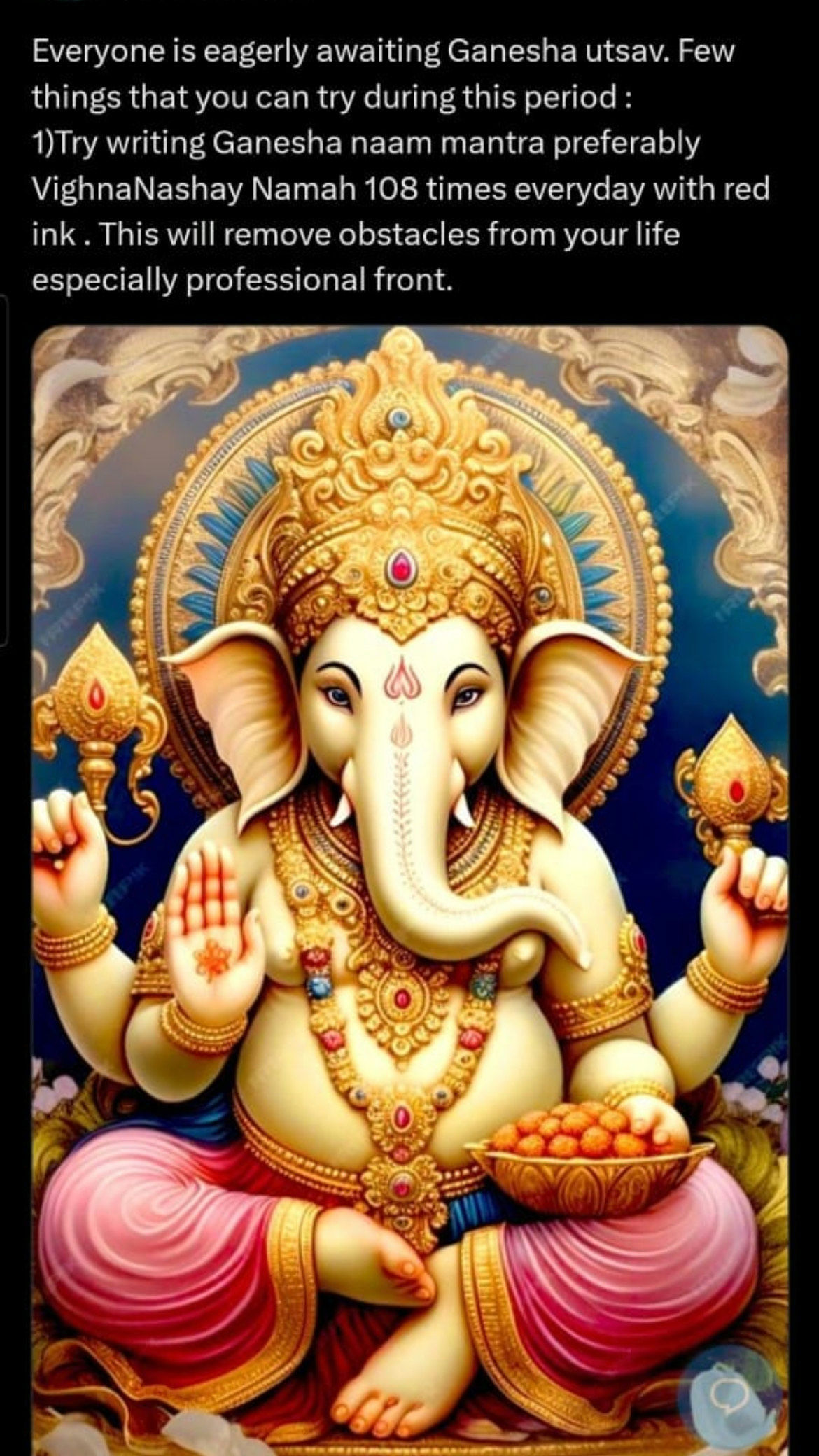 Happy Ganesh chaturthi my lovelies ❣️ 

Feeling stuck in your career or facing professional blockages? 🌿✨ Let’s invoke the blessings of Lord Ganesh with this powerful remedy to clear the path and invite success and prosperity. 🚪🕉️ Ganesh ji, the remover of obstacles, is here to guide you toward a brighter future! 🌸

Swipe for the remedy details, and may your path be filled with clarity and growth. 🌟💼 

# # # # #


