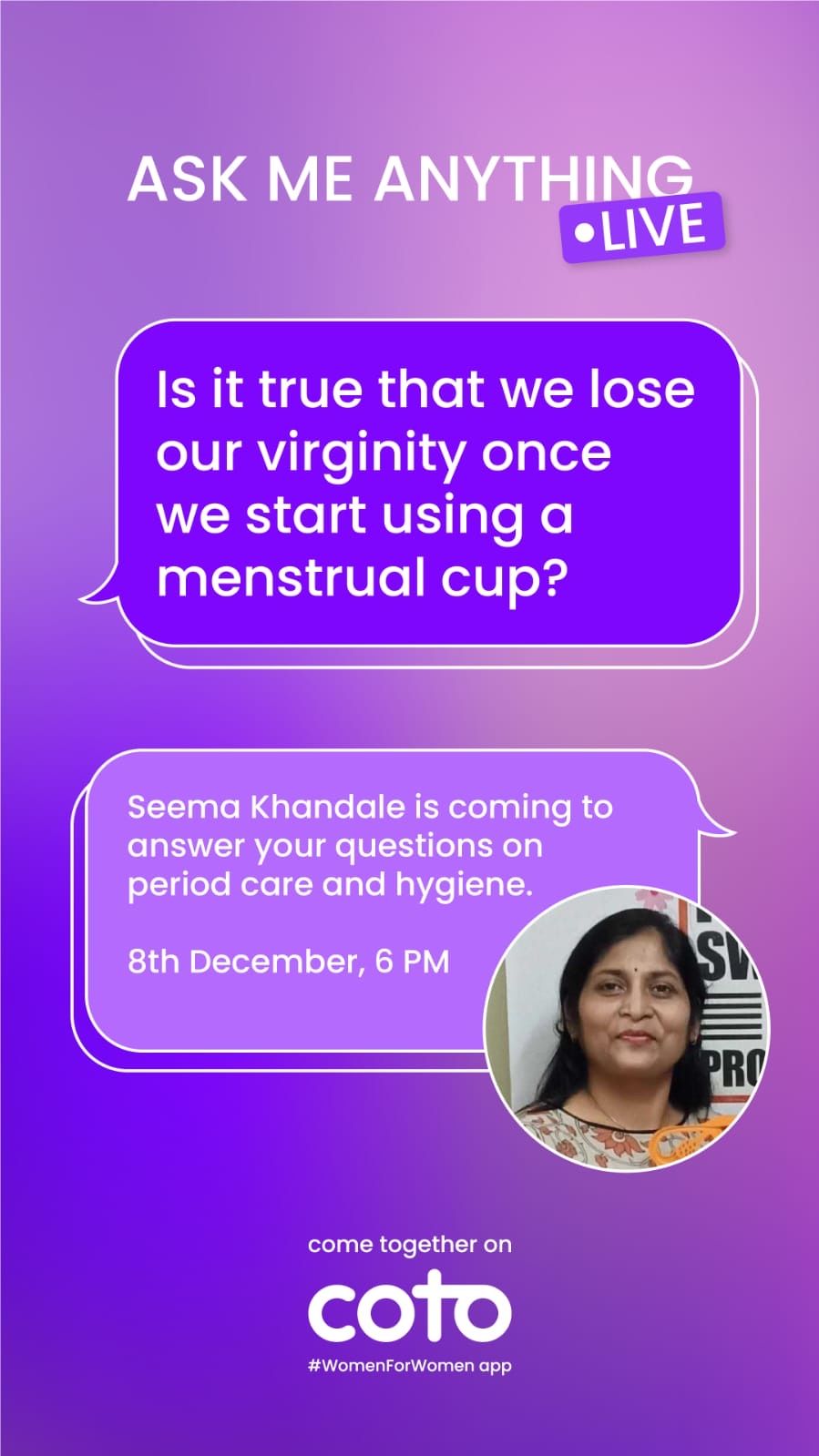 Coming up Today ..live chat on Menstrual Hygiene at 5pm Seema Khandale, a Social Activists,founder the Ashay Social Group, NGO, founder of RUTU menstrual cup .