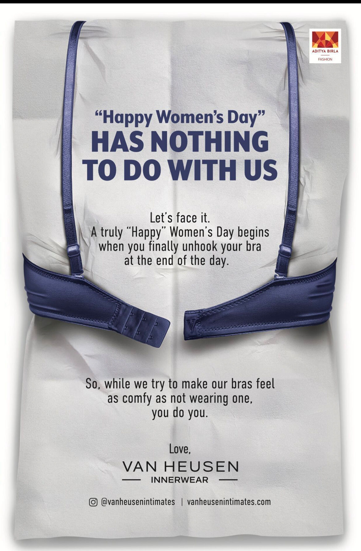 Love how Van Heusen openly acknowledges women are happier without the bras (their products basically) in their women’s day ad. What do you Chudails think? Like it or love this 🖤