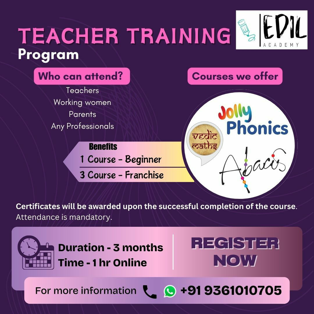 Opportunity for, young mom, homemakers, graduates, freshers and entrepreneurs to start your own Academy.
For enquiries call to this number 9361010705